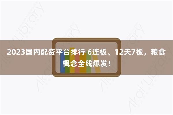 2023国内配资平台排行 6连板、12天7板，粮食概念全线爆发！